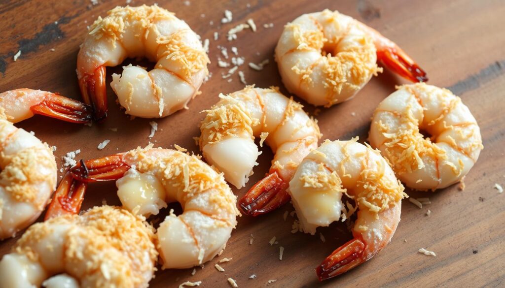Cooking instructions for gluten-free coconut shrimp: A crisp, golden-brown layer of shredded coconut coats succulent shrimp, arranged on a rustic wooden surface. The shrimp are lightly dusted with flour, dipped in an egg wash, and then coated with toasted coconut flakes. Bright, natural lighting from the side illuminates the textural details, while a muted, earthy color palette evokes a homemade, artisanal feel. The composition is clean and uncluttered, allowing the viewer to focus on the delicious-looking shrimp. The overall scene conveys a sense of simple, wholesome cooking that would be perfect for the "How to Make the Perfect Coconut Shrimp Recipe" section of the article. Cooking instructions for gluten-free coconut shrimp: A crisp, golden-brown layer of shredded coconut coats succulent shrimp, arranged on a rustic wooden surface. The shrimp are lightly dusted with flour, dipped in an egg wash, and then coated with toasted coconut flakes. Bright, natural lighting from the side illuminates the textural details, while a muted, earthy color palette evokes a homemade, artisanal feel. The composition is clean and uncluttered, allowing the viewer to focus on the delicious-looking shrimp. The overall scene conveys a sense of simple, wholesome cooking that would be perfect for the "How to Make the Perfect Coconut Shrimp Recipe" section of the article.