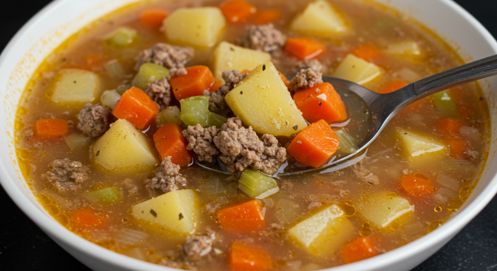 A hearty, steamy hamburger soup with savory broth, tender chunks of beef, and an array of vibrant vegetables. In the foreground, a variety of creative twists on the classic dish - a zesty chili-spiced version, one with earthy mushrooms and barley, and a creamy potato-based take. In the middle ground, bowls of the soup showcasing different garnishes and accompaniments, from crispy croutons to shredded cheese. The background features an assortment of fresh herbs, spices, and other flavorful ingredients that can be incorporated to craft unique hamburger soup variations. Warm, comforting lighting casts a homey glow, inviting the viewer to dive into these hearty and customizable soup creations.