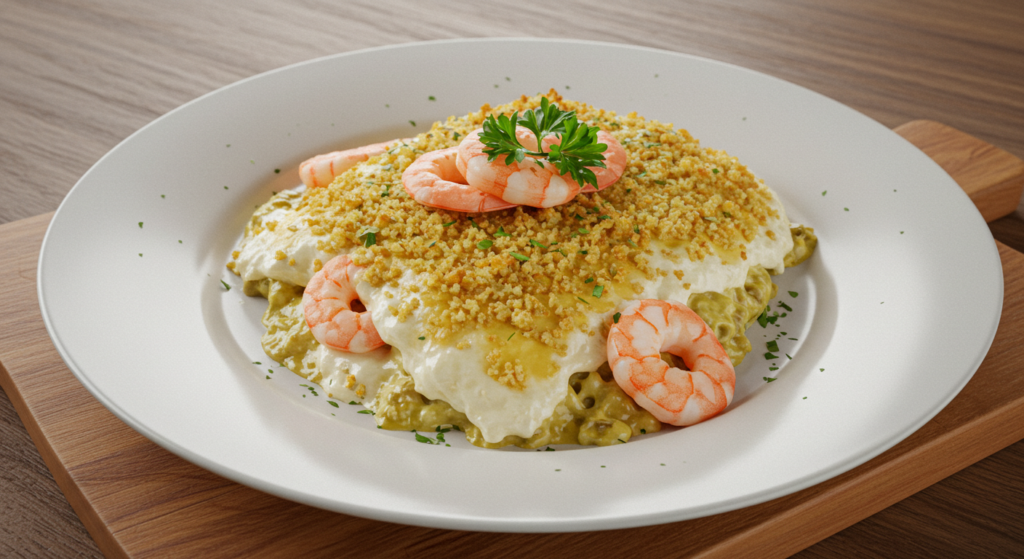 A beautifully plated garlic shrimp gratin, the creamy seafood concoction bubbling and golden in a shallow baking dish. Juicy shrimp nestled in a rich, velvety béchamel sauce, flecked with minced garlic and punctuated by crisp breadcrumb topping. Warm, inviting lighting casts a soft glow, highlighting the dish's enticing textures. The camera lens captures a close-up, showcasing the gratin's customizable nature - garnishes like fresh herbs, lemon wedges, or a sprinkling of grated parmesan cheese can be added to personalize the flavor profile. An appetizing, sophisticated seafood dish, ready to be savored.