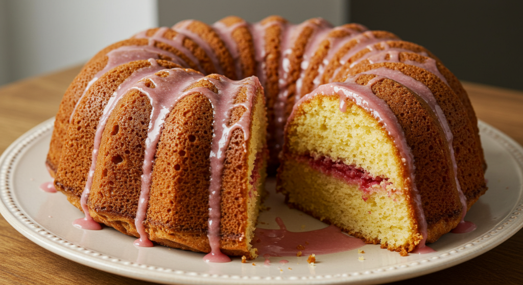 A cozy kitchen counter showcases a freshly baked, golden-brown homemade strawberry glaze cake. The cake is adorned with vibrant red strawberries, their juices glistening under natural light streaming in through a nearby window. The scene radiates a warm, inviting atmosphere, capturing the satisfying experience of creating this delectable, from-scratch dessert. The cake's soft, fluffy texture and rich, sweet aroma are palpable, enticing the viewer to imagine the delightful flavors and satisfaction of enjoying a slice. The image conveys the benefits of homemade baking - the pride, care, and attention to detail that elevates a simple cake into a truly rewarding culinary experience.