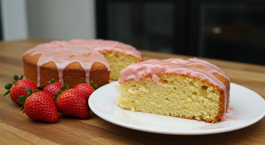Freshly baked strawberry glaze cake sitting on a rustic wooden table, bathed in soft, natural lighting. The cake's vibrant pink glaze glistens, inviting a closer look. In the foreground, transparent glass jars filled with the glaze stand ready to be drizzled over sliced portions. A few stray strawberries and mint leaves add a touch of color, hinting at the delicious flavors within. The background is hazy, allowing the cake to take center stage, conveying a sense of serene presentation and preservation.