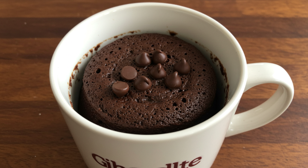 A delectable chocolate mug cake resting on a rustic wooden table, with a dusting of cocoa powder and a sprinkling of dark chocolate shavings. The cake, freshly baked, emanates a warm, inviting aroma. A glass of cold milk stands nearby, complementing the rich, indulgent texture of the cake. Soft, indirect lighting casts a cozy glow, highlighting the varied tones of the chocolate and the natural grain of the wood. The overall scene conveys a sense of comfort, simplicity, and the joy of an easy, customizable treat.