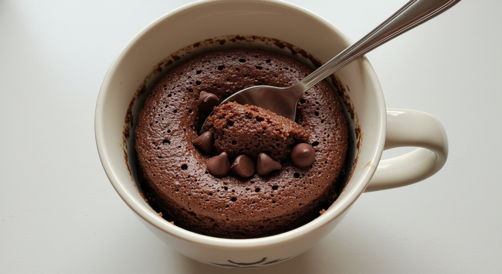 A delectable chocolate mug cake, freshly baked and steaming, sits atop a wooden table, illuminated by soft, warm lighting. The cake's rich, dark chocolate color is accentuated by a dusting of cocoa powder, and a single dollop of creamy whipped cream rests elegantly on top. The scene is captured from a slightly elevated angle, highlighting the cake's inviting texture and the surrounding simplicity of the table setting. The overall mood is cozy, indulgent, and tempting, perfectly capturing the essence of a quick and easy microwave mug cake.