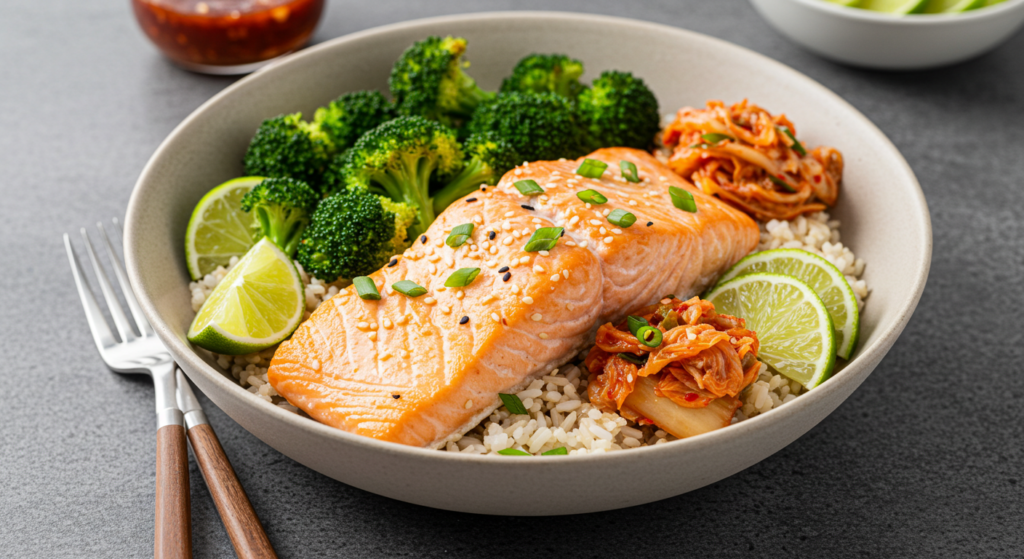 A neatly laid out nutritional information grid for a roasted salmon and broccoli rice bowl, against a clean, white background. The grid displays key data such as calories, protein, carbs, fat, and vitamins in a clear, organized manner. The grid is illuminated by soft, natural lighting, creating a simple yet informative visual aid. The image conveys a sense of health, wellness, and a desire to provide useful nutritional details to the reader.