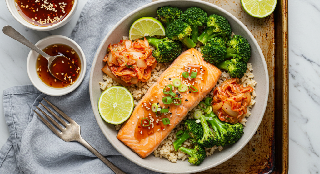 A bountiful still life arrangement of fresh, high-quality ingredients for roasted salmon and broccoli rice bowls. In the foreground, a whole salmon fillet glistens, accompanied by bunches of vibrant broccoli florets. In the middle ground, bowls of steaming white rice, creamy avocado slices, and crunchy toasted sesame seeds. The background features a wooden cutting board, a sprinkling of fresh dill, and a drizzle of teriyaki sauce. Warm, diffused lighting from the side casts a soft glow, highlighting the textures and colors of this nutritious, meal-prep-friendly spread. The overall mood is one of wholesome, delicious simplicity.