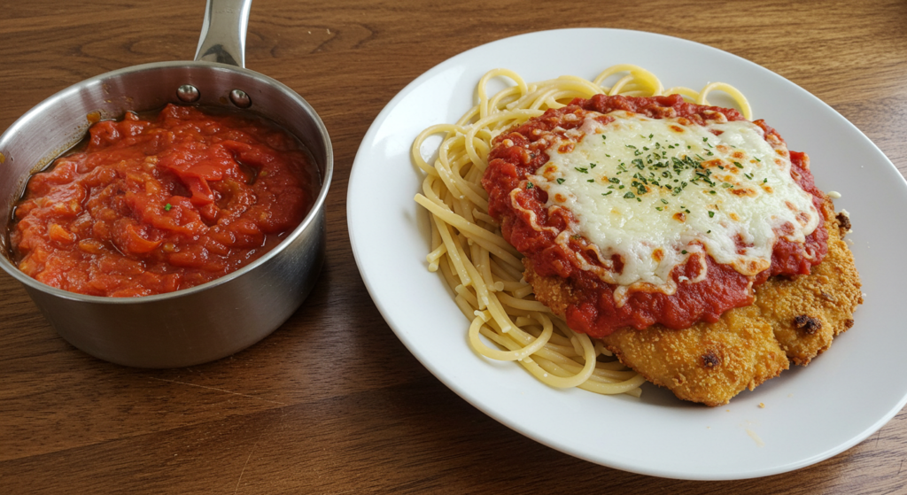 A steaming plate of creamy chicken parmesan pasta, the breaded chicken breast glistening with a golden-brown crust, nestled atop a bed of al dente linguine noodles coated in a rich, velvety tomato-cream sauce. Garnished with fresh basil leaves and a generous sprinkle of grated parmesan cheese, the dish emits an aroma of comforting Italian flavors. The lighting is soft and warm, casting a gentle glow on the scene, with a shallow depth of field that keeps the pasta in sharp focus while blurring the background, emphasizing the mouthwatering texture and details of the main course. The composition is centered, drawing the viewer's eye to the irresistible dish, ready to be savored as the ideal representation of classic, creamy chicken parmesan pasta.