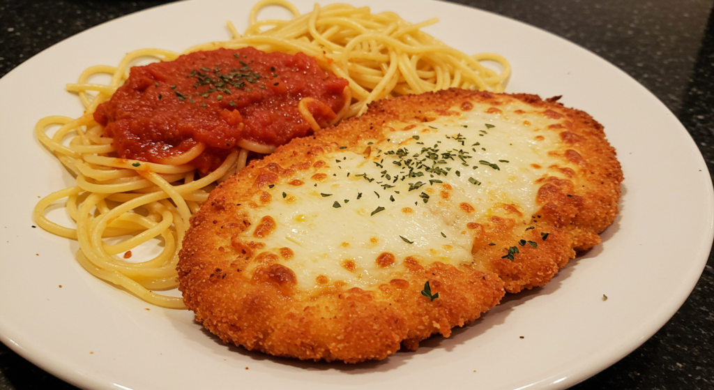 A detailed nutritional information label showing the macronutrients, calories, and micronutrients for a serving of chicken parmesan pasta. The label is presented against a clean, minimalist background with soft, natural lighting to create a simple, informative, and visually appealing composition. The label features clear, legible typography and a structured layout that highlights the key nutritional facts. The overall aesthetic is professional, appetizing, and aligned with the recipe article's focus on healthy, comforting cuisine.
