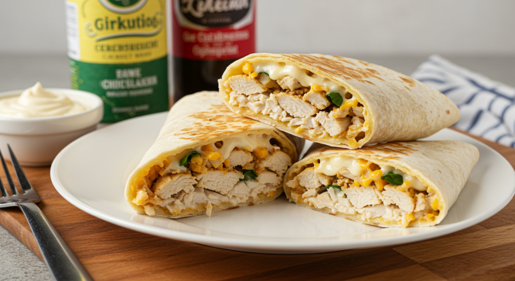 A close-up view of a variety of artfully crafted garlic chicken wraps, showcasing different fillings and presentations. The wraps are laid out on a rustic wooden table, with a soft, natural lighting highlighting the vibrant colors and textures of the ingredients. In the foreground, a freshly grilled chicken breast is sliced, revealing its juicy interior and the subtle garlic seasoning. In the middle ground, various wrap variations are displayed, each with a unique combination of leafy greens, diced tomatoes, shredded cheese, and a creamy garlic-infused dressing. The background features a simple, yet elegant backdrop, allowing the wraps to take center stage and entice the viewer's appetite.