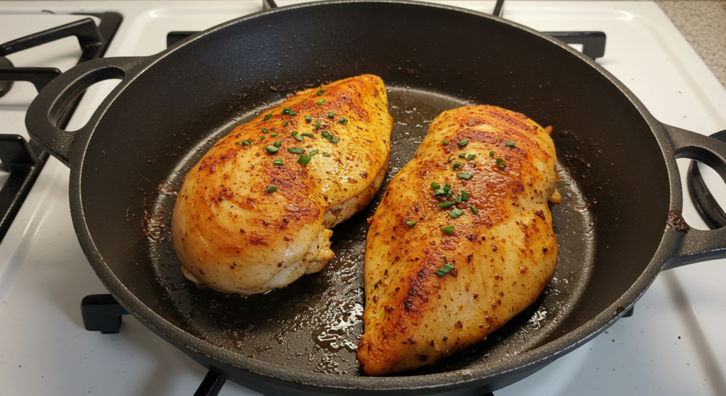 A beautifully lit kitchen counter, showcasing four distinct cooking methods for perfectly prepared chicken breasts. In the foreground, a succulent grilled chicken breast with charred grill marks. Next to it, a pan-seared chicken breast with a golden-brown crust. In the middle, a tender baked chicken breast with a crisp skin. In the background, a juicy, slow-cooked chicken breast in a simmering liquid. The scene is bathed in warm, natural light, creating a welcoming and appetizing atmosphere. The angles and composition draw the viewer's eye to the different cooking techniques, highlighting the versatility of chicken breast preparation.