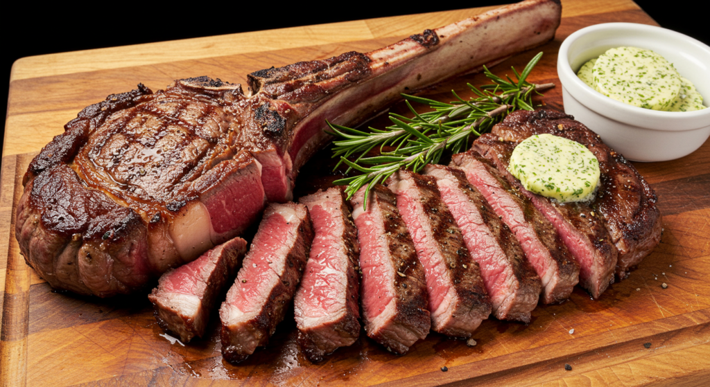 A juicy, perfectly grilled tomahawk steak sizzles over a charcoal grill, its rich, marbled exterior kissed by the intense heat. Grill marks crisscross the surface, creating a visually stunning presentation. Flames lick the edges, lending an enticing char. The steak is bathed in a warm, golden glow from the setting sun, casting dramatic shadows. A light smoke drifts upward, creating an inviting, rustic atmosphere. The scene is captured from a low angle, emphasizing the impressive size and presence of the tomahawk cut. Viewers can almost hear the sizzle and smell the mouthwatering aroma.