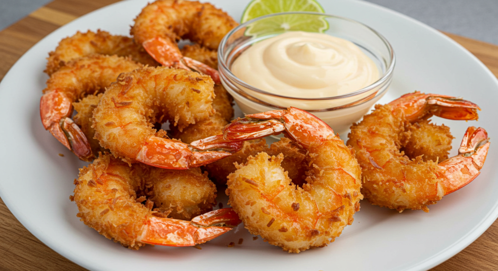 A plate of crisp, golden-brown coconut shrimp, beautifully arranged and garnished, against a backdrop of a rustic wooden table. The shrimp are glistening, their coconut coating evenly crisped to perfection. Alongside, a small ramekin of vibrant, sweet chili mayo sauce, its rich, creamy texture complementing the shrimp. Subtle shadows cast by the shrimp create depth and dimension, while natural lighting from the side softly illuminates the scene, highlighting the delicate textures. The overall presentation exudes an inviting, appetizing ambiance, perfectly capturing the "Serving Suggestions for Coconut Shrimp" section of the article.
