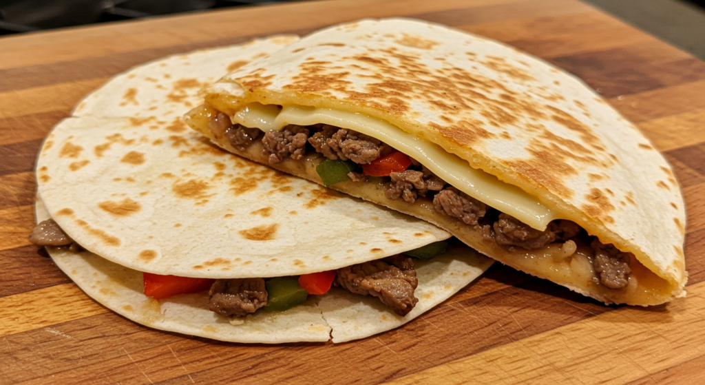 A steaming hot steak quesadilla on a wooden cutting board, the tortilla golden and crisp, the melted cheese oozing out the sides. Tender grilled steak, sliced and layered with sautéed peppers and onions, all nestled between the flaky tortilla shells. Bright cilantro sprigs and a vibrant salsa verde add a fresh contrast. Dramatic side lighting casts dramatic shadows, highlighting the inviting textures and mouthwatering details. The overall scene is warm, rich, and enticing, drawing the viewer in for a delicious bite.