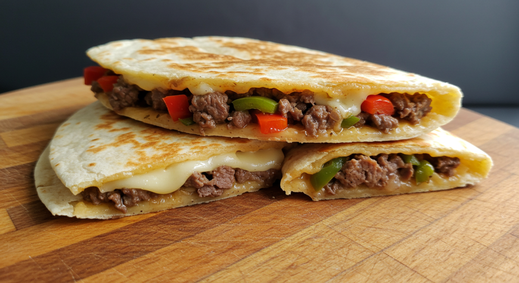 A delectable steak quesadilla in a rustic, cast-iron skillet. The juicy, medium-rare steak is sliced thin and layered with melted Oaxaca and cheddar cheeses, grilled onions, and fresh cilantro. The tortilla is perfectly crisp and golden, creating an enticing contrast to the tender filling. Warm, ambient lighting casts a cozy glow, highlighting the inviting textures and mouthwatering aromas. Shot from a high angle, the quesadilla fills the frame, showcasing its tempting appearance and the care put into its preparation. This image embodies the essence of a classic Philly-style steak quesadilla, ready to inspire and delight the viewer.