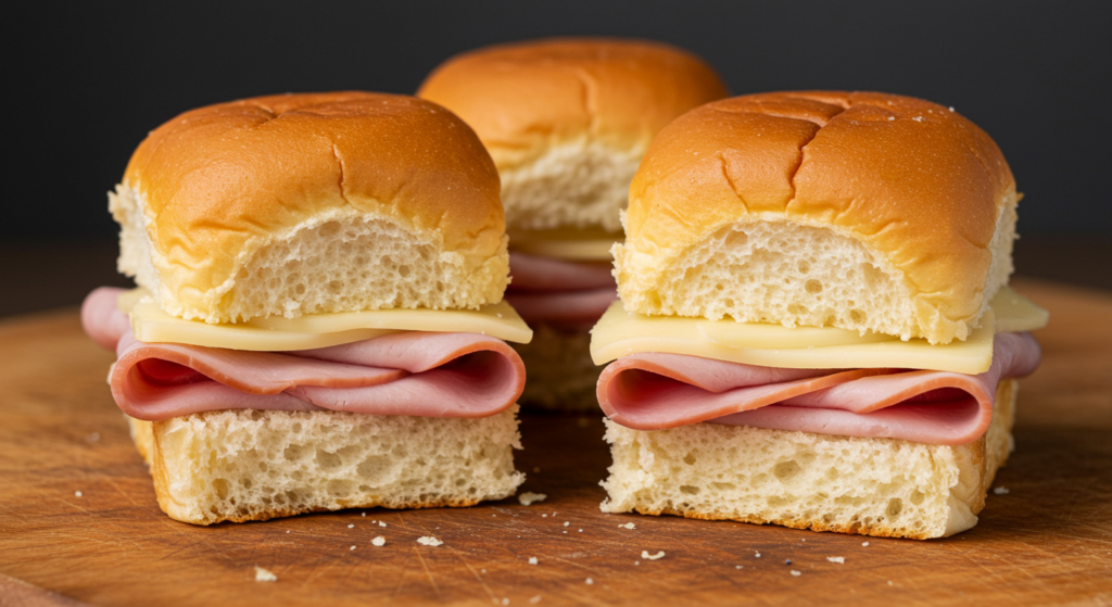 A collection of ham and cheese sliders in various delectable arrangements. Soft, pillowy brioche buns encasing layers of savory ham and melted Swiss or cheddar cheese. Arranged in the foreground with a hint of golden-brown toasted edges. In the middle, different slider variations emerge - some topped with crisp bacon, others with caramelized onions or pickled jalapeños. The background features a rustic wooden surface, allowing the vibrant colors and textures of the sliders to take center stage. Soft, natural lighting casts a warm glow, highlighting the inviting, mouthwatering qualities of this ultimate comfort food. An array of tempting options to elevate the classic ham and cheese slider experience.