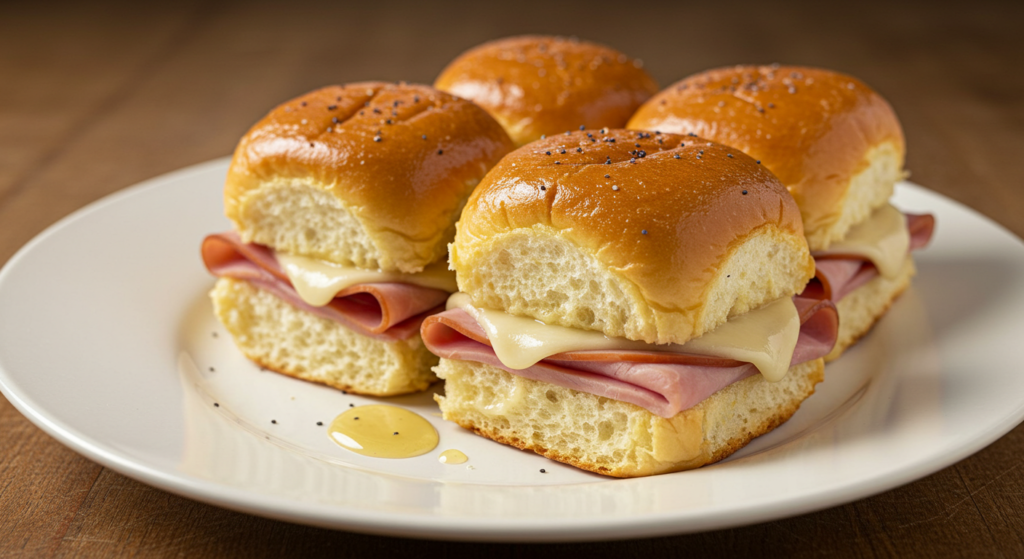 A gleaming metal baking tray sits on a light wooden surface, filled with rows of perfectly assembled ham and cheese sliders. The soft, golden-brown buns are topped with thinly sliced ham and melted cheddar cheese, creating a mouthwatering contrast of textures and flavors. The scene is bathed in warm, natural lighting, casting gentle shadows and highlighting the inviting details of the dish. In the background, a minimalist white backdrop creates a clean, focused presentation, allowing the delectable sliders to take center stage. The overall composition exudes a sense of simplicity, homemade quality, and the irresistible allure of a satisfying, savory snack.