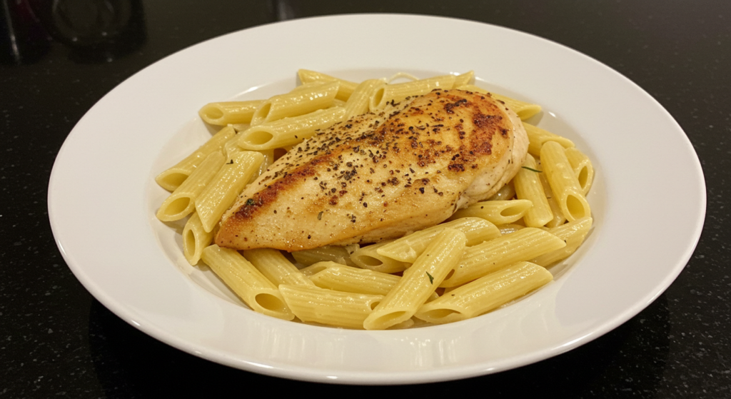 A well-lit kitchen scene depicting a cast-iron skillet filled with steaming, aromatic garlic chicken pasta. The pasta strands intertwine with tender chicken chunks and vibrant green peas, coated in a rich, creamy parmesan sauce. Garlic cloves and fresh herbs add depth of flavor, while crusty bread slices and a glass of white wine set the stage for an inviting, homestyle meal. The lighting casts warm, golden tones, highlighting the glistening sauce and the mouthwatering dish ready to be enjoyed as a satisfying leftover or a standalone dinner.