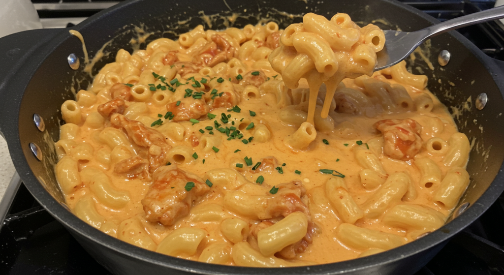 A close-up shot of a hearty dish of buffalo chicken mac and cheese, with various customization options laid out around it. The mac and cheese is golden-brown on top, with tender chicken chunks and a creamy, tangy sauce. Surrounding it are bowls of chopped green onions, crumbled blue cheese, crispy bacon bits, and a drizzle of buffalo sauce. The lighting is warm and inviting, casting a glow on the textures and colors. The angle is slightly elevated, showcasing the dish's rich, comforting appearance. Overall, the image conveys the versatility and mouthwatering appeal of this customizable slow-cooker recipe.