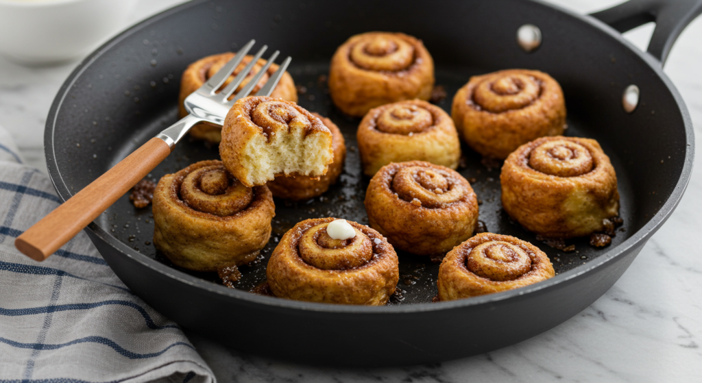 A close-up shot of a perfectly golden-brown cinnamon roll french toast bite, drizzled with a glistening glaze and dusted with a fine layer of ground cinnamon. The bite sits atop a rustic wooden surface, with a soft, fluffy interior visible through a slight tear in the crisp outer layer. Warm lighting casts a cozy glow, highlighting the rich, buttery hues and inviting textures. The composition is centered, drawing the eye directly to the delectable morsel, its layers and flavors beckoning to be savored. A sense of indulgence and homespun comfort radiates from the image, perfectly capturing the essence of the "Tips for Perfect Cinnamon Roll French Toast Bites" section.