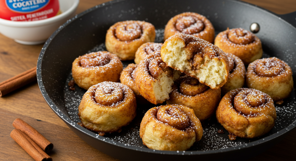 A meticulously crafted scene of bite-sized French toast being prepared with care. In the foreground, slices of fluffy brioche are coated in a golden, cinnamon-infused egg batter, ready to be fried to a perfect crisp. The mid-ground showcases the skilful hands of a chef, gently flipping the bite-sized pieces in a cast-iron skillet, bathed in warm, buttery light. In the background, a serene kitchen setting with simple, rustic accents - wooden shelves, terracotta bowls, and a touch of greenery - creating a cozy, inviting atmosphere. Soft, natural shadows and highlights accentuate the textural details of the ingredients, conveying the comforting, homemade essence of this culinary craft.