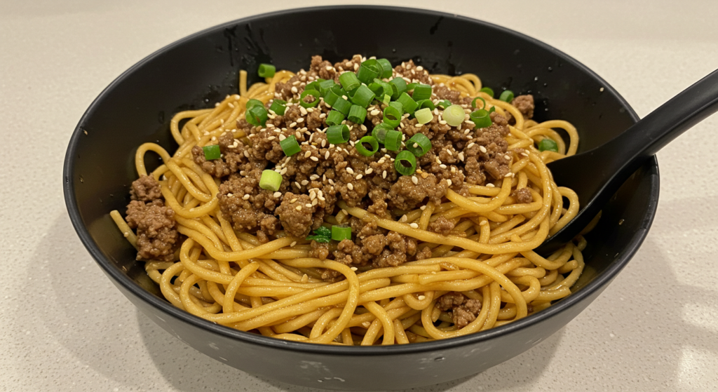 A delectable, steaming plate of quick garlic butter steak noodle heaven, meticulously arranged with thick, chewy udon noodles coated in a rich, savory butter sauce, topped with tender strips of juicy, seared steak and garnished with vibrant green scallions. The noodles glisten under the warm, soft lighting, casting a cozy, inviting glow. The scene is captured from a slightly elevated, angled perspective, allowing the viewer to fully appreciate the enticing layers and textures of this mouthwatering dish.