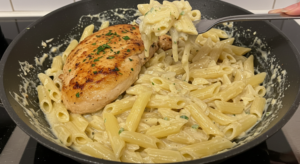 A close-up, visually appetizing image of a creamy chicken pasta dish. In the foreground, a generous portion of rotini pasta, coated in a luscious, silky Parmesan sauce. Nestled among the pasta, tender, juicy pieces of chicken, lightly seasoned. The middle ground features a scattering of fresh, vibrant herbs, such as parsley or basil, adding a pop of color and flavor. The background is slightly blurred, creating a soft, inviting focus on the main dish. The lighting is natural, warm, and slightly diffused, casting a cozy, comforting atmosphere. The camera angle is slightly elevated, providing an enticing, mouth-watering view of the perfectly plated, easy-to-make creamy chicken pasta creation.