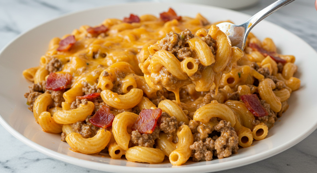 A delightful, freshly baked casserole dish filled with creamy, golden-brown macaroni and cheese, topped with crispy, sizzling bacon pieces. The dish is set on a rustic wooden table, bathed in warm, soft lighting, creating a cozy, homey atmosphere. The melted cheese bubbles and glistens, enticing the senses. Wisps of steam rise from the dish, hinting at the comforting, savory aroma. The scene evokes a sense of indulgence and satisfaction, perfectly capturing the essence of the "Baking Your Cheesy Bacon Pasta Bake" section of the article.