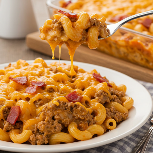 Smoky Chipotle Bacon Cheeseburger Mac & Cheese Bake