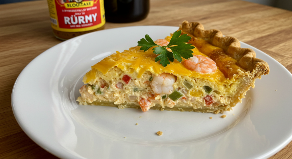 A delectable shrimp pie, its flaky golden crust beckoning to be sliced open, revealing the succulent seafood filling within. The pie sits atop a rustic wooden table, bathed in the warm, natural light filtering through a nearby window. Plump, juicy shrimp are nestled in a creamy, savory sauce, complemented by the subtle sweetness of onions and the herbaceous notes of dill. The aroma of the dish fills the air, enticing the senses and promising a delightful culinary experience. In the background, a vibrant coastal landscape comes into view, hinting at the dish's origins in the bountiful waters of Florida. This image captures the irresistible allure of a truly exceptional shrimp pie, a dish that embodies the best of Florida's seafood heritage.