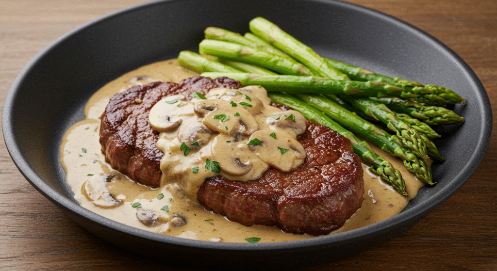 Tender Steak in Creamy Mushroom Sauce with Asparagus