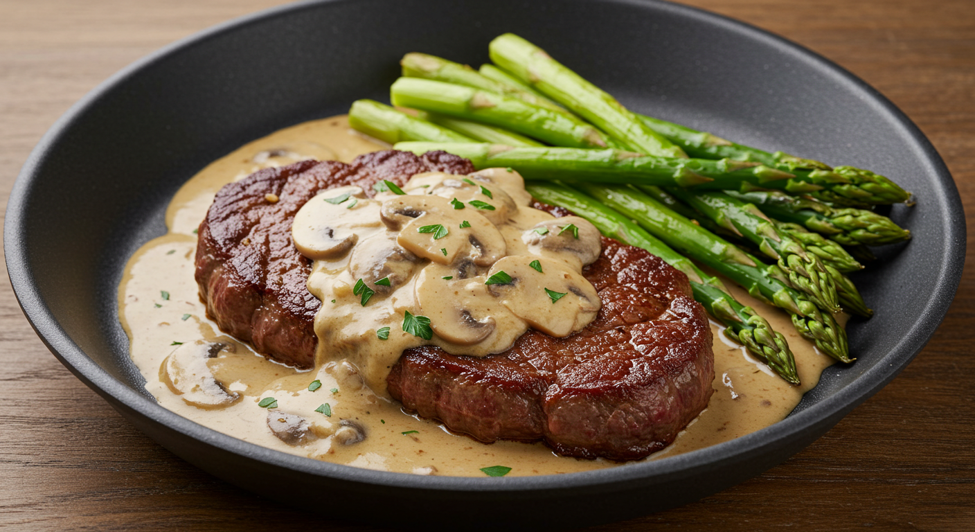 Tender Steak in Creamy Mushroom Sauce with Asparagus