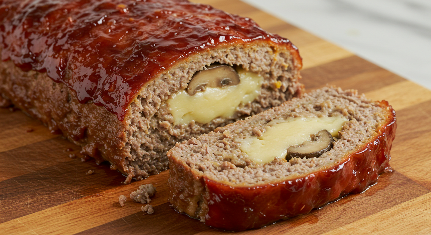 Savory Smoky Bacon Mushroom Swiss Cheese Meatloaf