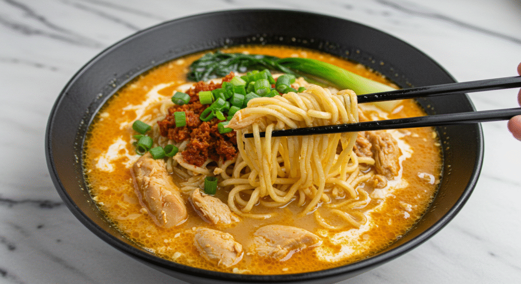 Fiery Chicken Ramen with Creamy Garlic Sauce