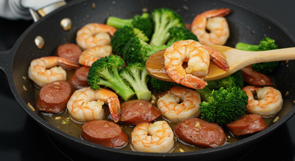 Honey Garlic Shrimp, Sausage & Broccoli Skillet
