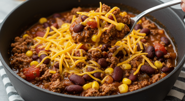 Cheesy Ground Beef Enchilada Chili comfort food recipe