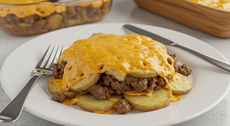 Cheesy Beef and Potato Casserole comfort food recipe