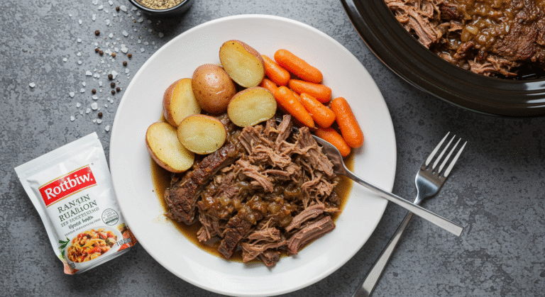 Slow Cooker Three Envelope Pot Roast tender and flavorful