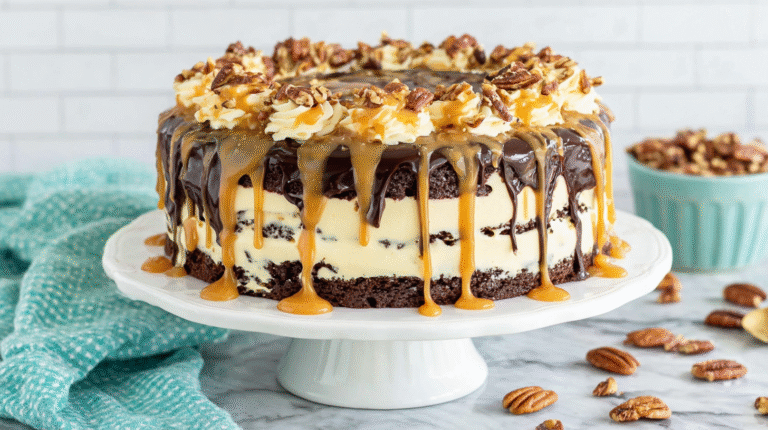 Turtle Chocolate Layer Cake with Caramel Icing