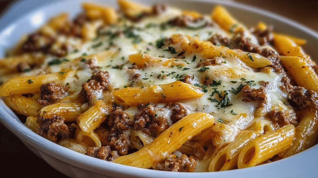 Cheesy Penne with Garlic Butter Ground Beef