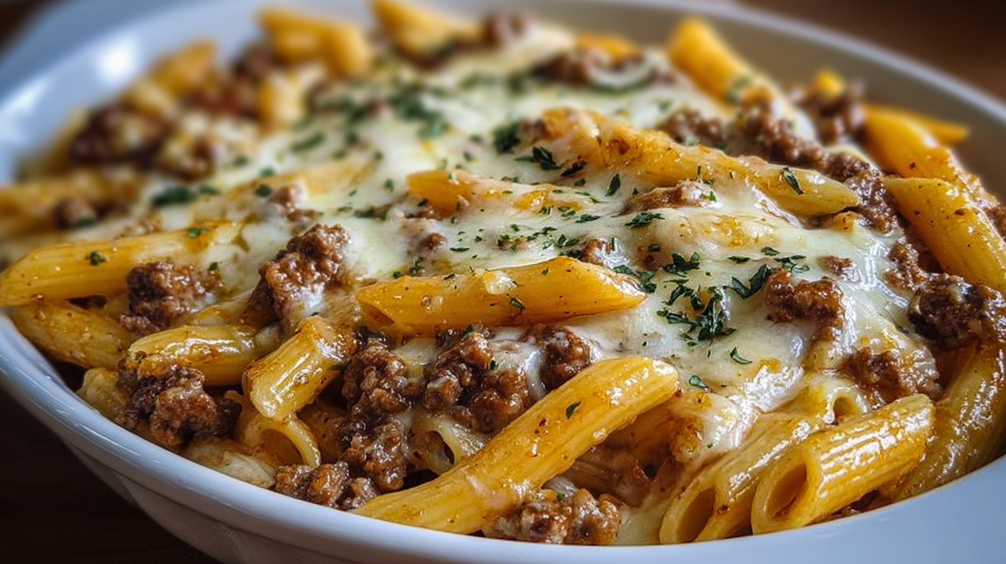 Cheesy Penne with Garlic Butter Ground Beef